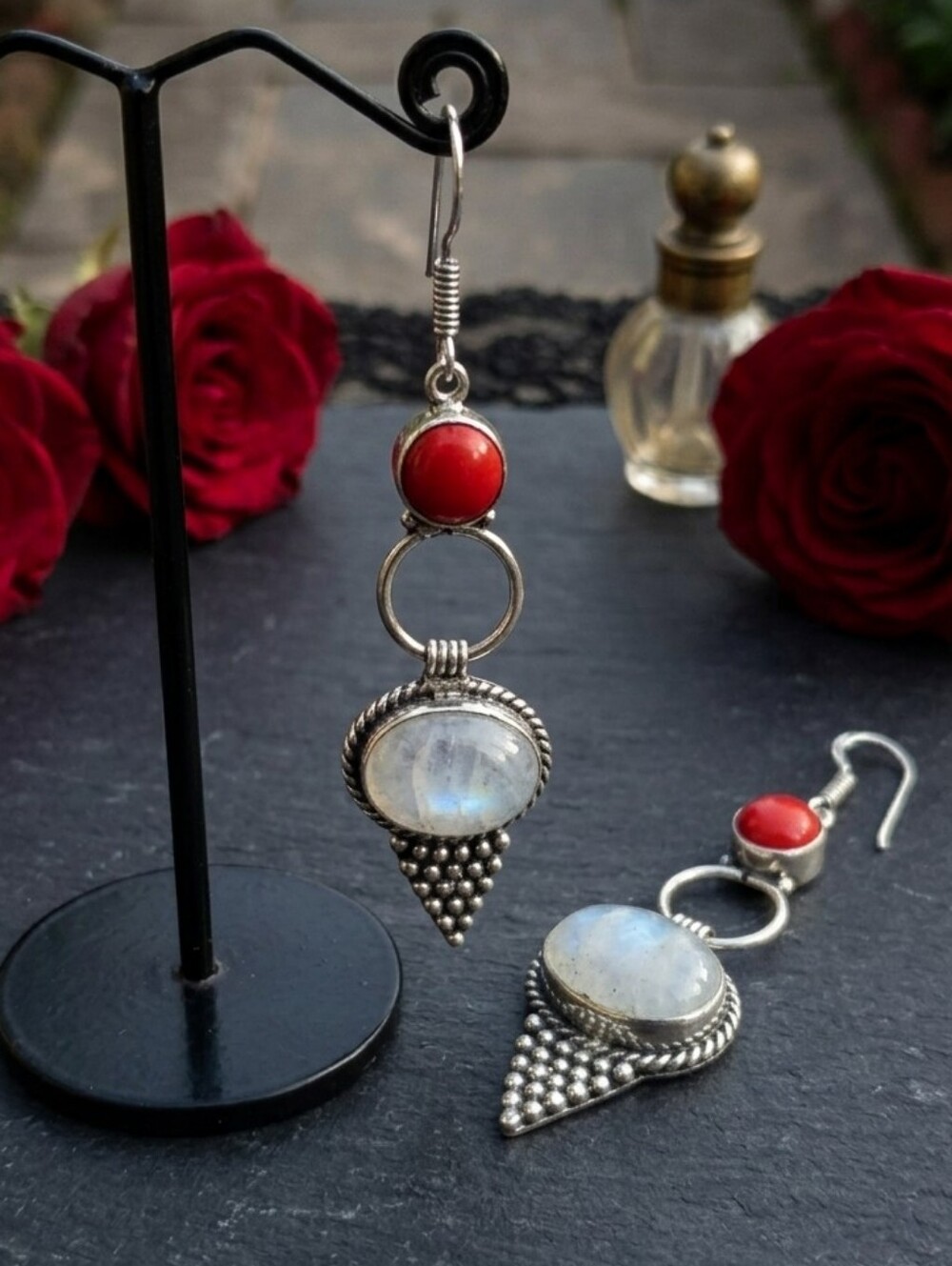 925 Sterling Silver Whimsigoth Moonstone and Red Coral Drop Earrings 2.5" - Picture 9 of 16